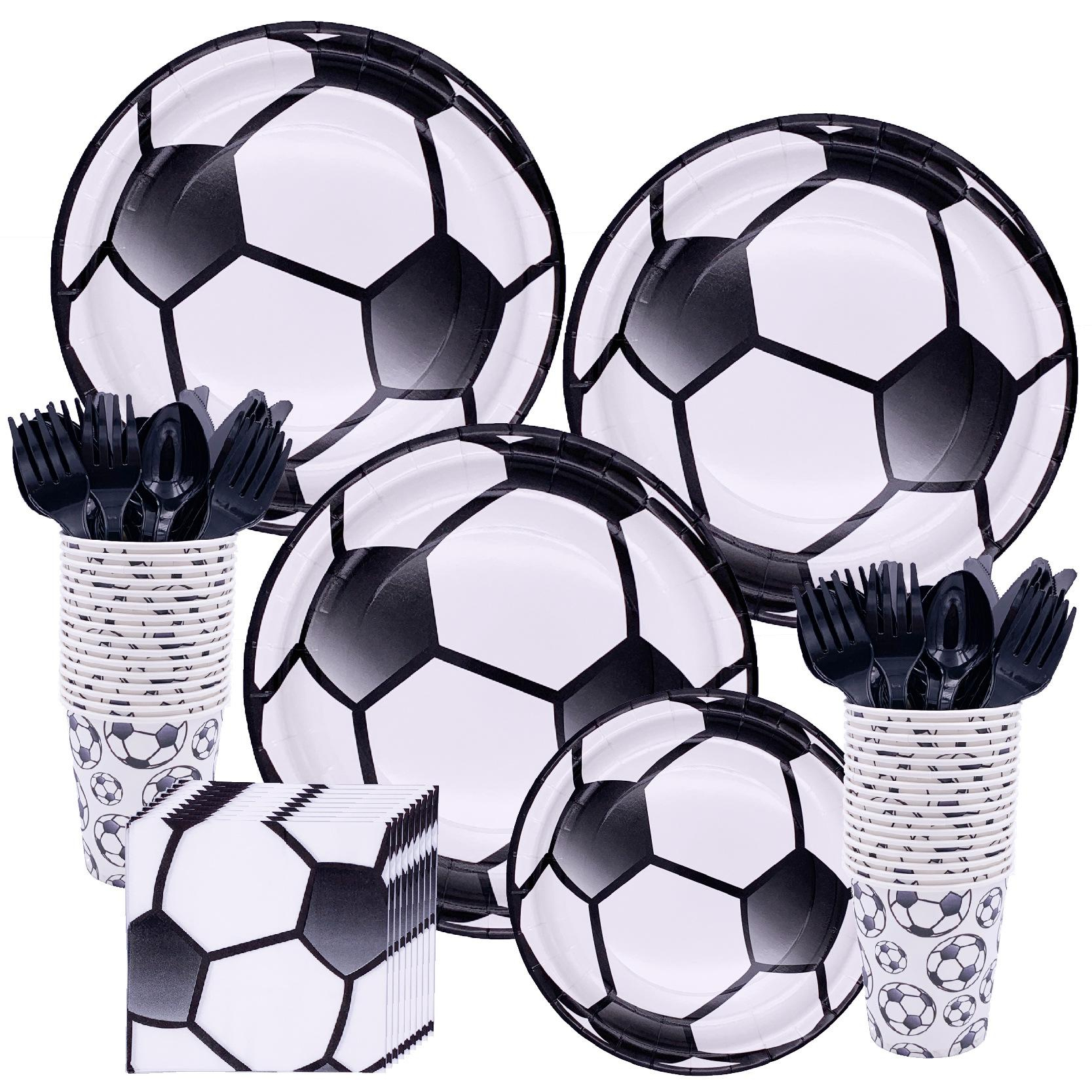 (113-tlg. Set) Einweg Geschirr Fussball Party Tisch Deko inkl. Girlande / Teller / Papp Becher / Servietten / Besteck - Schwarz / Weiss
