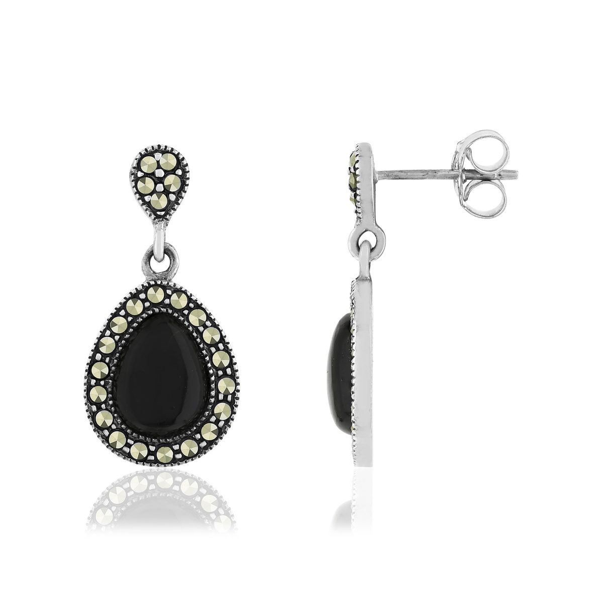 Boucles d'oreilles argent 925 onyx marcassites