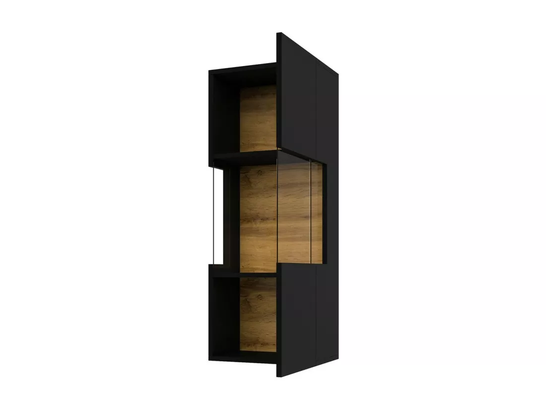Petite vitrine suspendue 1 porte partiellement vitrée collection EVA. Couleur noir et chêne.