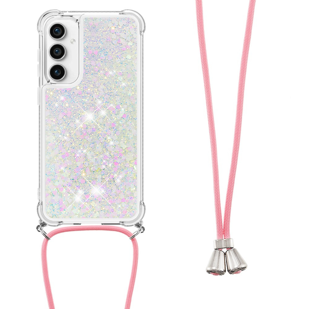 Samsung Galaxy S23 FE Necklace Gummi Hülle Liquid Glitzer   Handykette (130cm) - Rosa / Silber