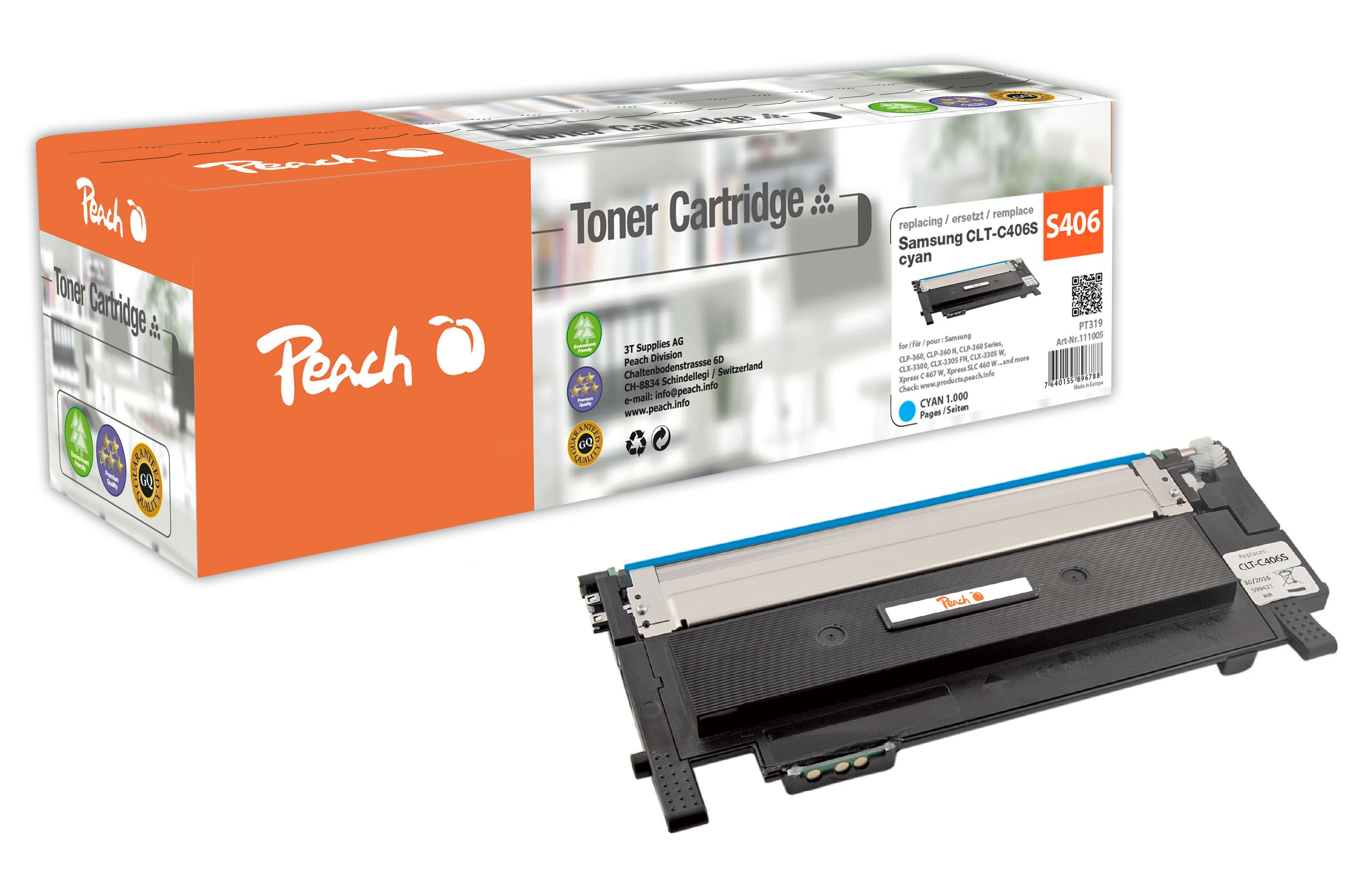 Peach S406Toner cy ersetzt Samsung CLT-C406S/ELS, ST984A für z.B. Samsung Xpress C 460 W, Samsung CLP -360, Samsung CLP -360 N (wiederaufbereitet)