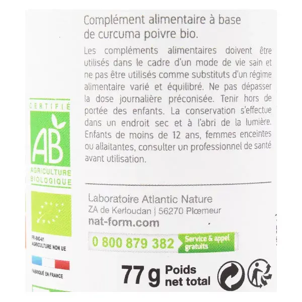 Nat & Form Cúrcuma Orgânica Piperina 200 Cápsulas Vegetais