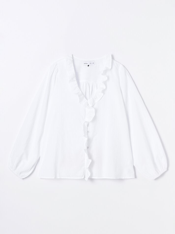 Camisa com bordado suíço e detalhe de babado - Branca
