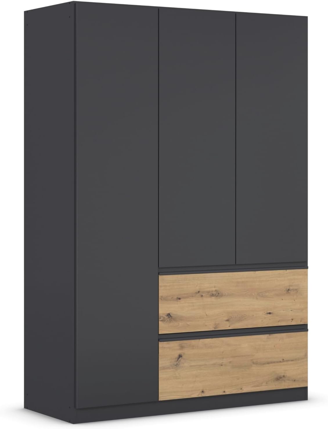 Rauch Möbel Costa, Kleiderschrank für Schlafzimmer, Kinderzimmer, Babyzimmer, Flur, Garderobe 3-türig, 2 Schubladen, Push-to-Open, Farbe Grau metallic, Schwarz/Eiche Artisan, Holz, Breite 136 cm