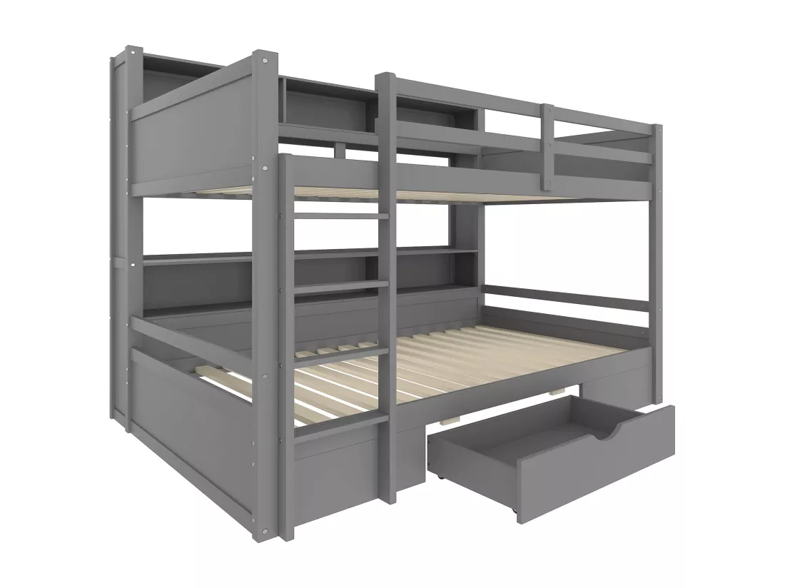 Lit superposé pour enfant 2x90x200cm - avec un tiroir et compartiments - Gris