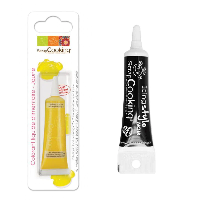 Colorant alimentaire liquide 10 g Jaune + stylo glaçage noir Scrapcook