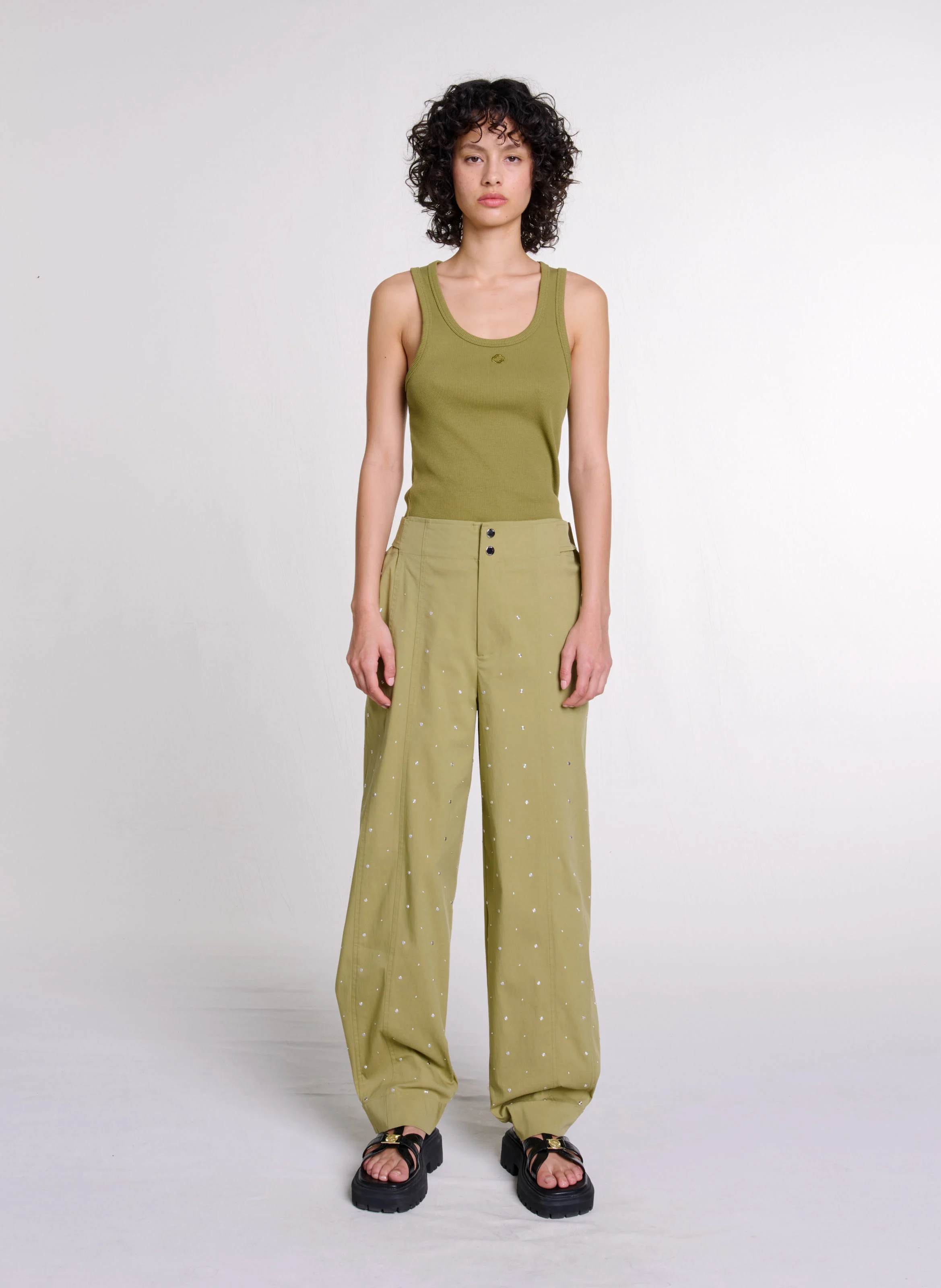 Pantalon large à rivets en coton mélangé | Kaki