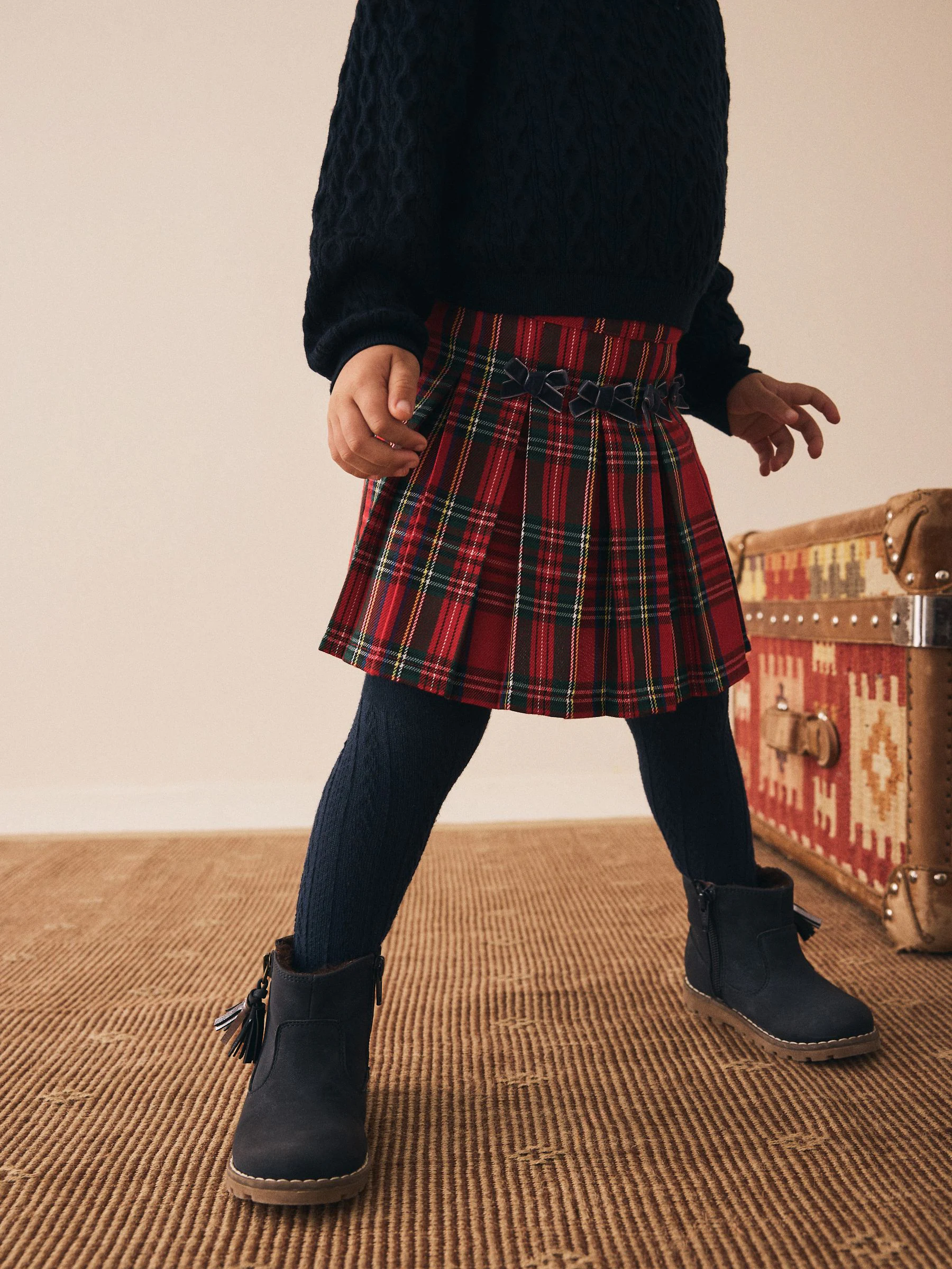 Rood - Tartan Bow Skirt with Navy Tights (3mths-7yrs)