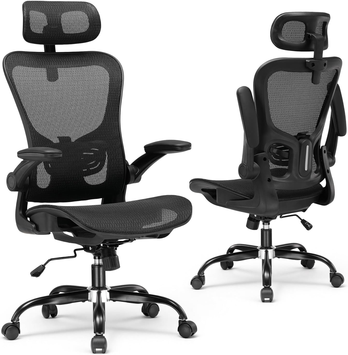 GTPLAYER Bürostuhl Ergonomisch, Schreibtischstuhl mit Verstellbarer Kopfstütze, Armlehnen, Lendenwirbelstütze, Büro Stuhl & Gaming Stuhl Wippfunktion, Chefsessel aus Mesh, 150kg(Schwarz)