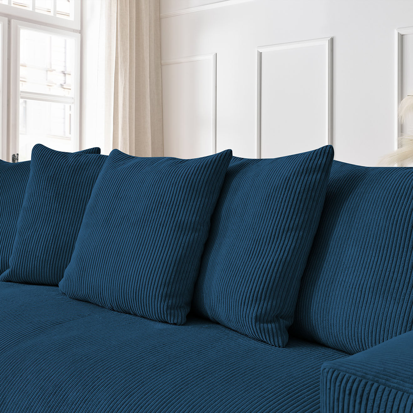 Bobochic Canapé droit fixe 3 places ultra moelleux voltaire velours côtelé bleu foncé - 280x124x75 cm