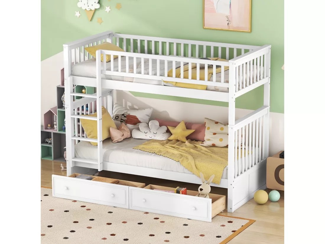 Lits superposés séparables enfant - 2x90x200 cm - 2 tiroirs - cadre en pin blanc - sommier à lattes - barrières de sécurité - MERAX