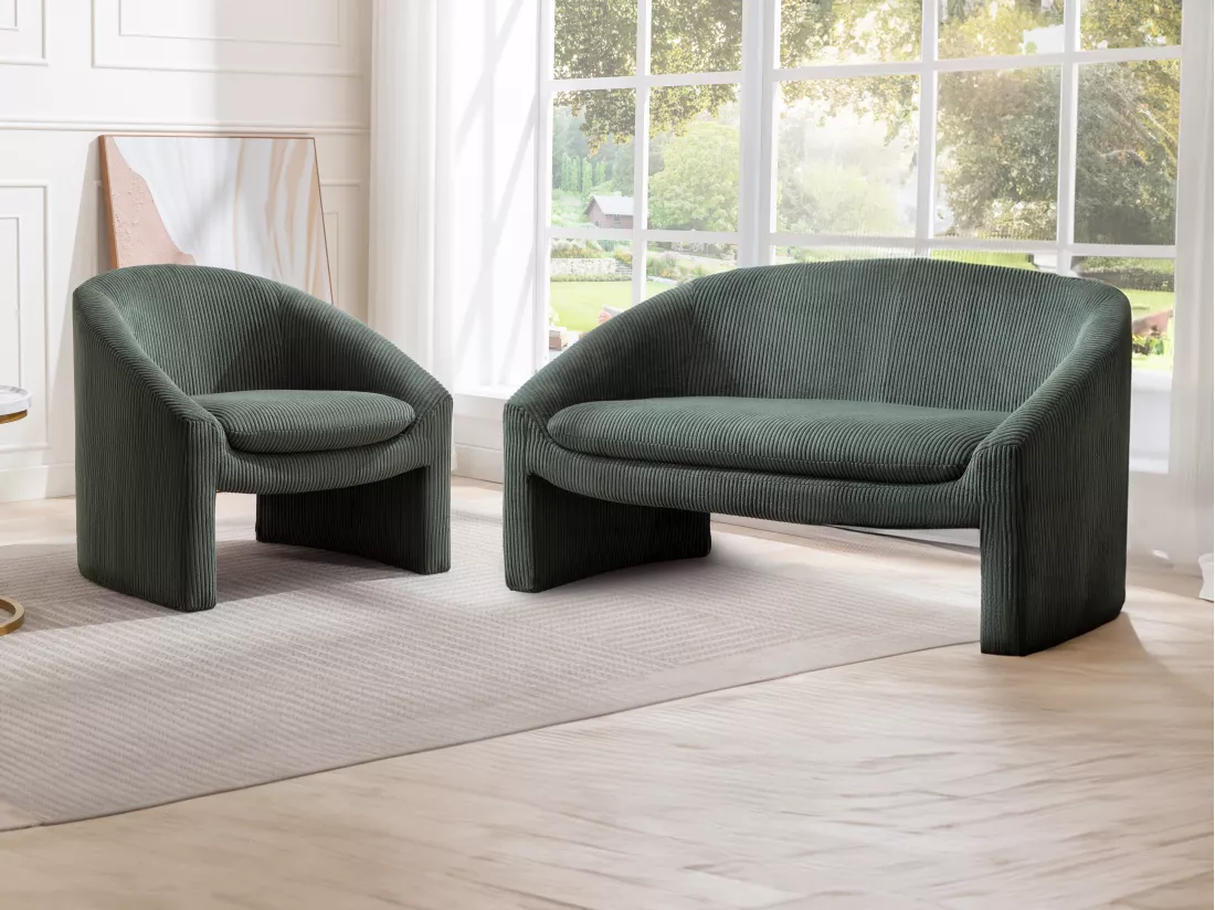 Canapé 2 places et fauteuil en velours côtelé vert OSSANA