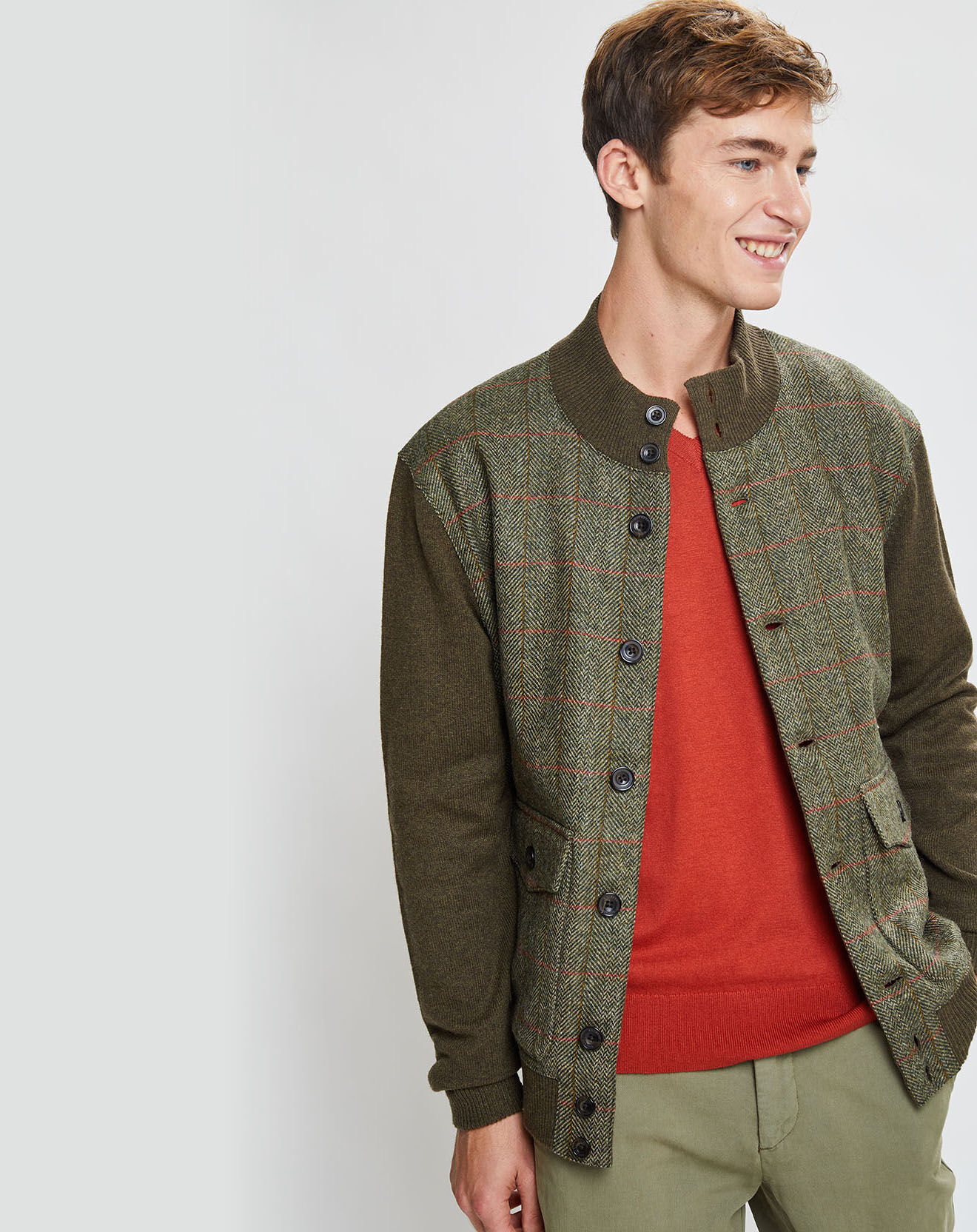 Hackett London Blouson en Tweed à carreaux kaki