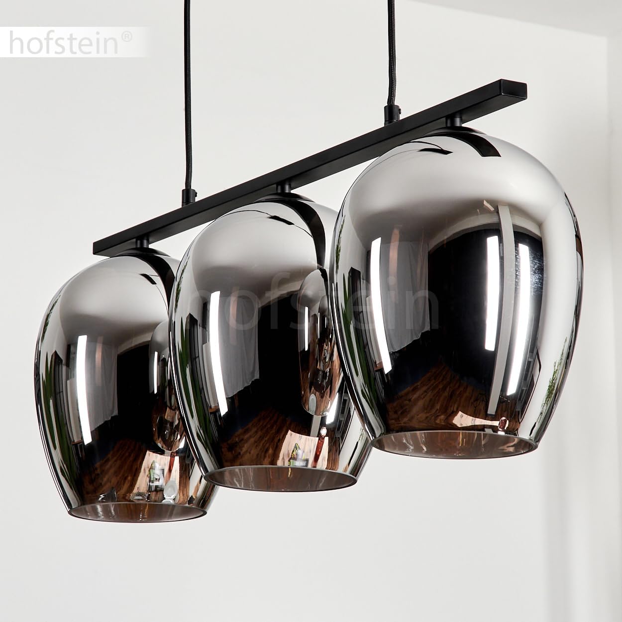 Pendelleuchte Vevino, Hängeleuchte aus Metall/Glas in Schwarz/Chromfarben, Leuchte im Vintage/Retro Design, Schirme aus Glas (Ø 20 cm), 3-flammig, Höhe max. 116,5 cm, 3 x E27, ohne Leuchtmittel