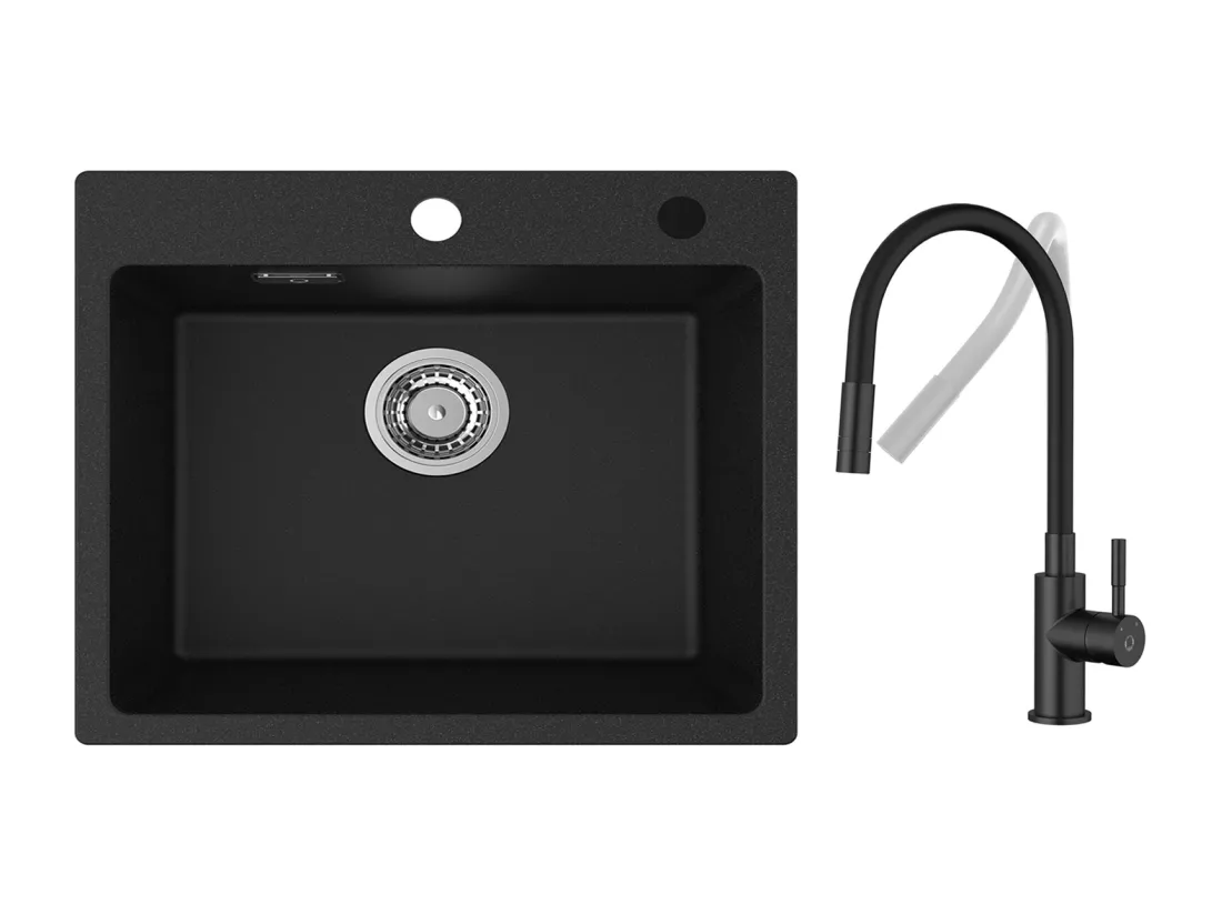 CECIPA MAX Evier Quartz Noir 50x45cm Evier 1 Bac en Quartz et Résine + Flexible Mitigeur de Cuisine, 2 Types de Jets Robinet Extractible Noir