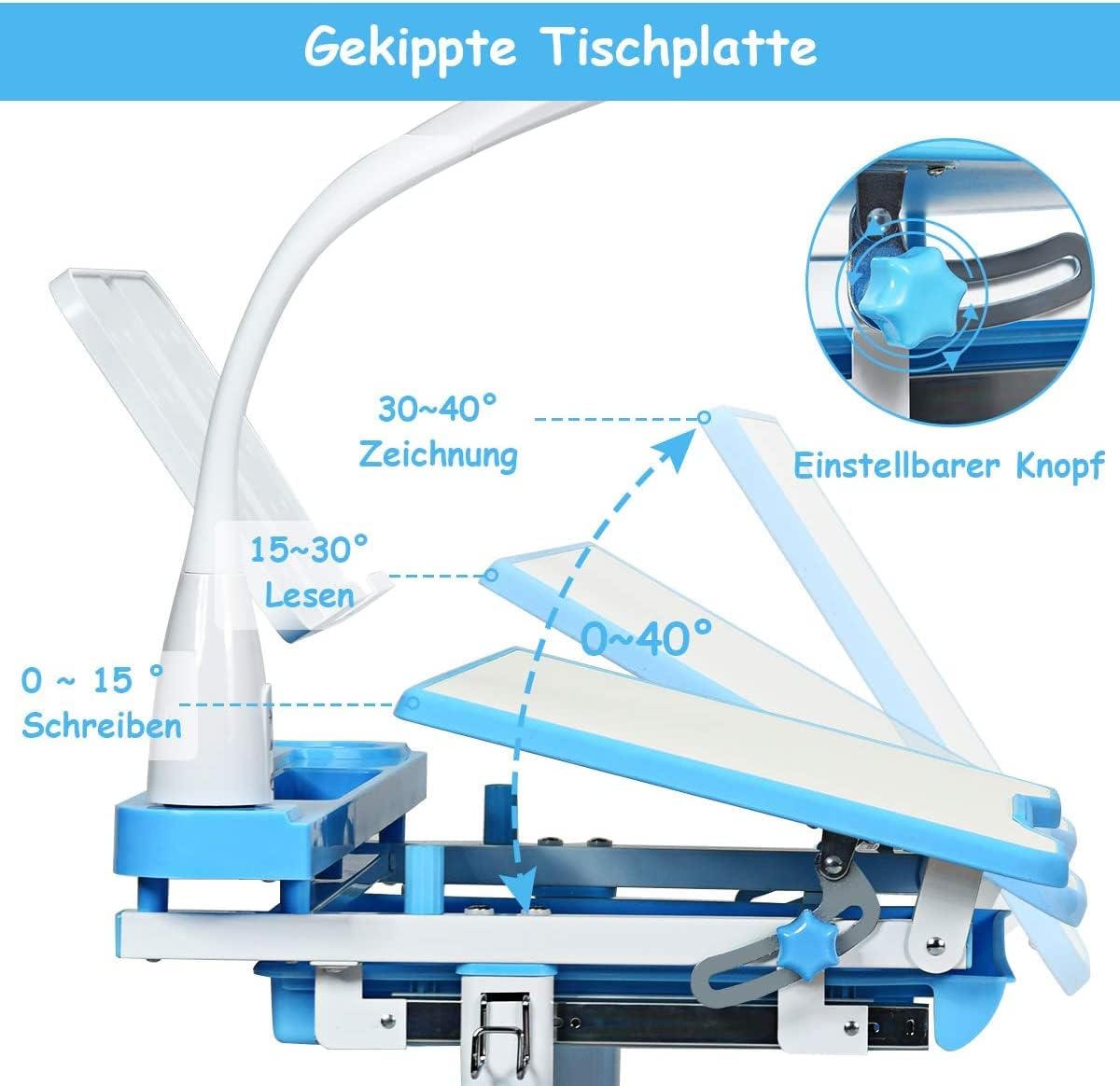COSTWAY Kinderschreibtisch höhenverstellbar, Schülerschreibtisch mit Lampe, Kindermöbel neigungsverstellbar, Kindertisch mit Stuhl, Schreibtisch mit Schublade, Farbewahl (Hellblau)