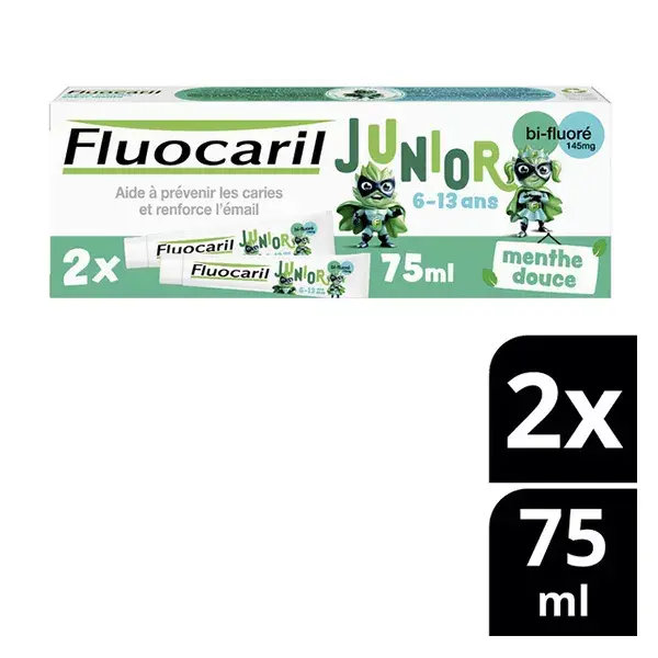 Fluocaril Junior, Pasta de dentes para crianças de 6 a 12 anos, menta suave, 2 x 75 ml
