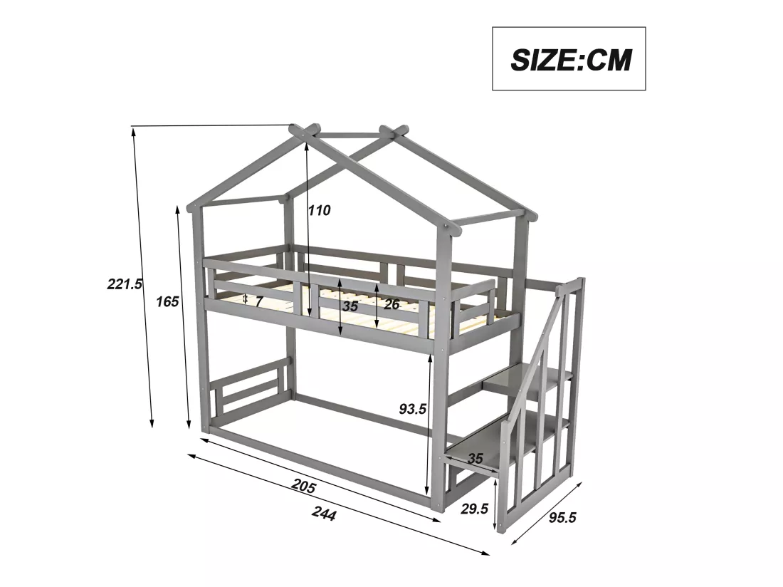 Lit superposé cabane avec rangement - 90 x 200 cm - pin - barrières et escalier - coloris gris