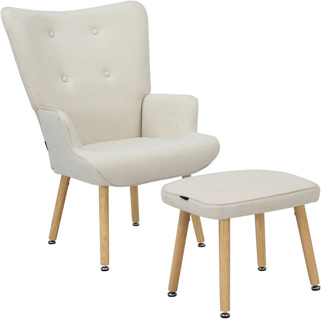 GOODproduct Ohrensessel »PERHAM, Sessel mit Hocker im Set, Knopfheftung, Massivholz-Füsse,« komfortabler Relaxsessel und Sitz-Hocker mit Strukturbezug