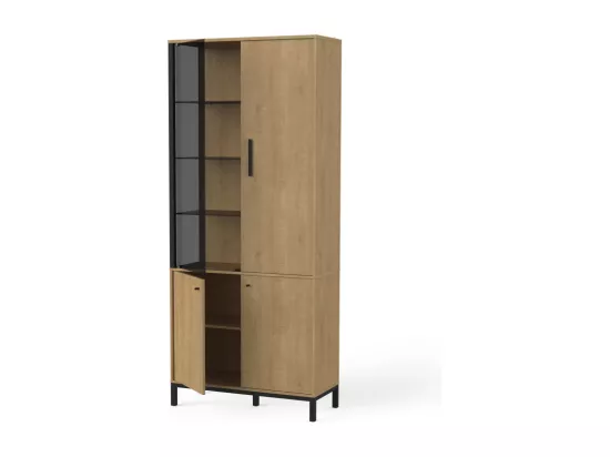 Vaisselier 4 portes battantes Chêne/Noir à LED - DORON - L 93 x l 40 x H 217 cm