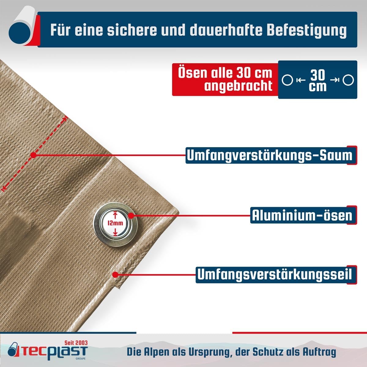 Tecplast Carport-Plane 3x6 m Dunkelbeige - 5 Jahre Garantie LP506CP - wasserdichte Schutzplane aus PVC für Carports