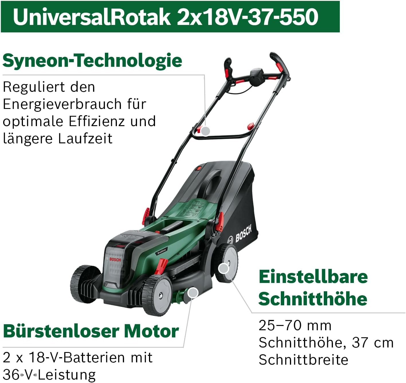 Bosch Akku-Rasenmäher UniversalRotak 2x18V-37-550 (bis zu 500 m2; 18 Volt System; Schnittbreite: 37 cm; ohne Akku und Ladegerät)