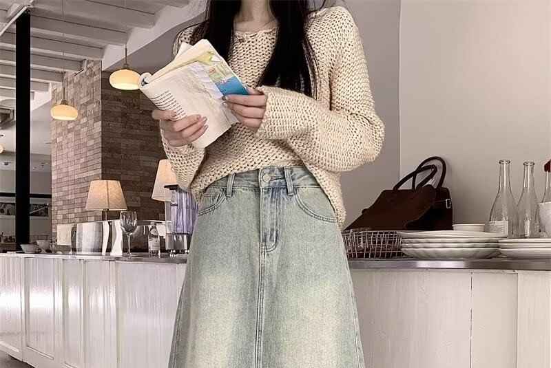 KONGER - Hoge taille gewassen gerafelde maxi A-lijn denim rok