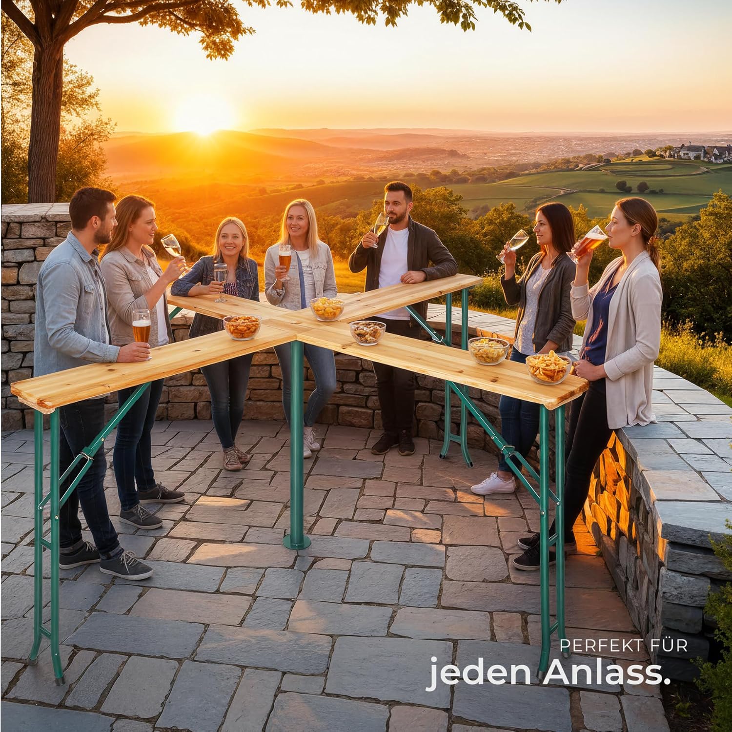 tectake® Stehtisch Quattro als Bierzeltgarnitur, XXL Biertisch aus Holz, klappbar, Outdoor Klapptisch mit Sonnenschirmhalterung, wetterbeständiger Gartentisch, Platz für 20 Personen, robust und stabil