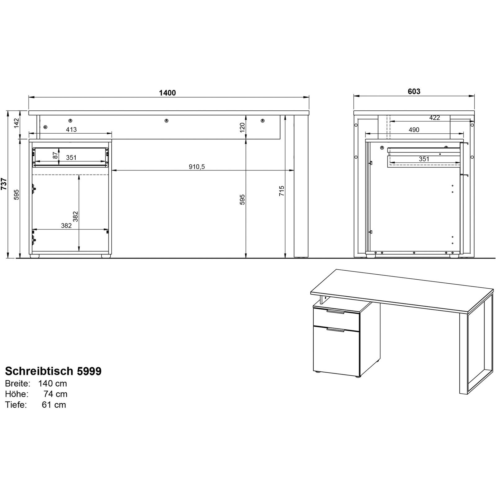 Schreibtisch Hasselt Dekor weiss/Eiche mit Container 140 x 74 x 61 cm
