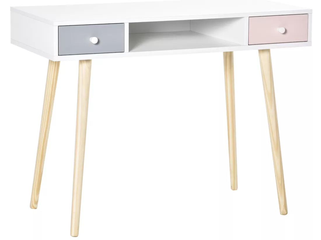 Bureau enfant style scandinave avec tiroir et compartiment de rangement 100L x 48l x 76,5H cm MDF et pin blanc gris et rose