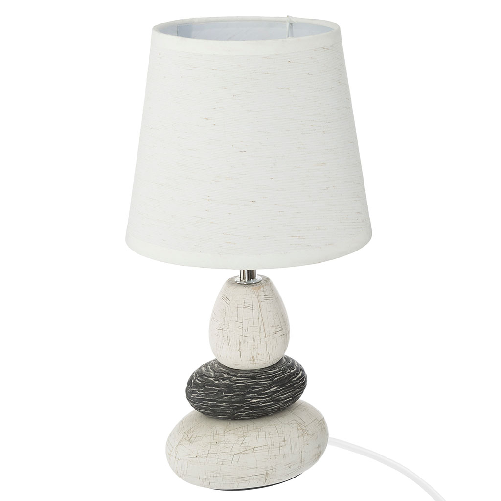 Lampe déco à poser céramique pieds galets et abat-jour blanc H 33cm