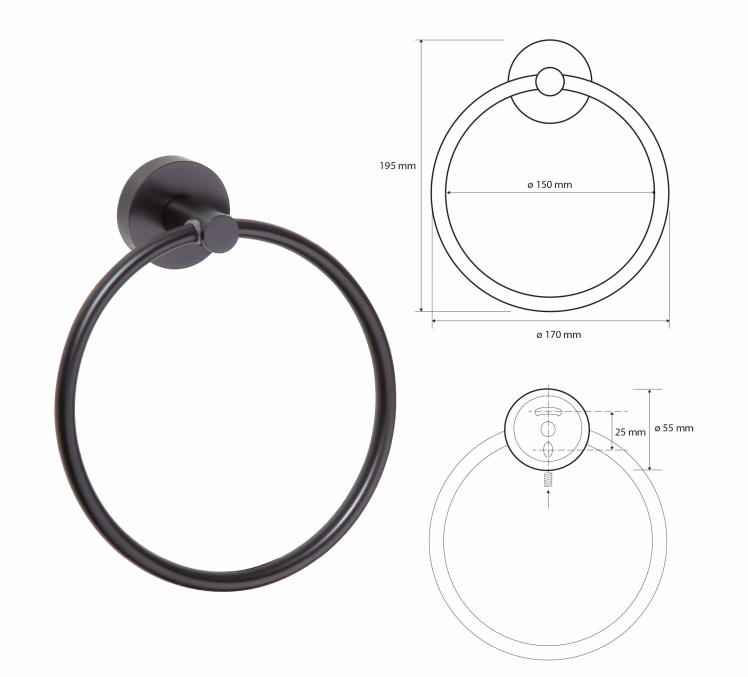 Sapho X-Round handdoekring 19cm zwart