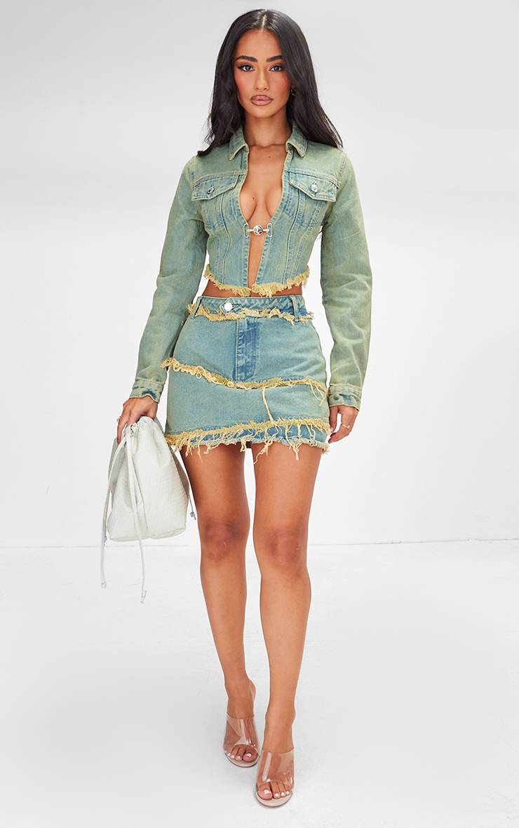 Vintage Bleach Wash Veste Courte Ajustée En Denim Délavé À Col Ouvert Petite Taille