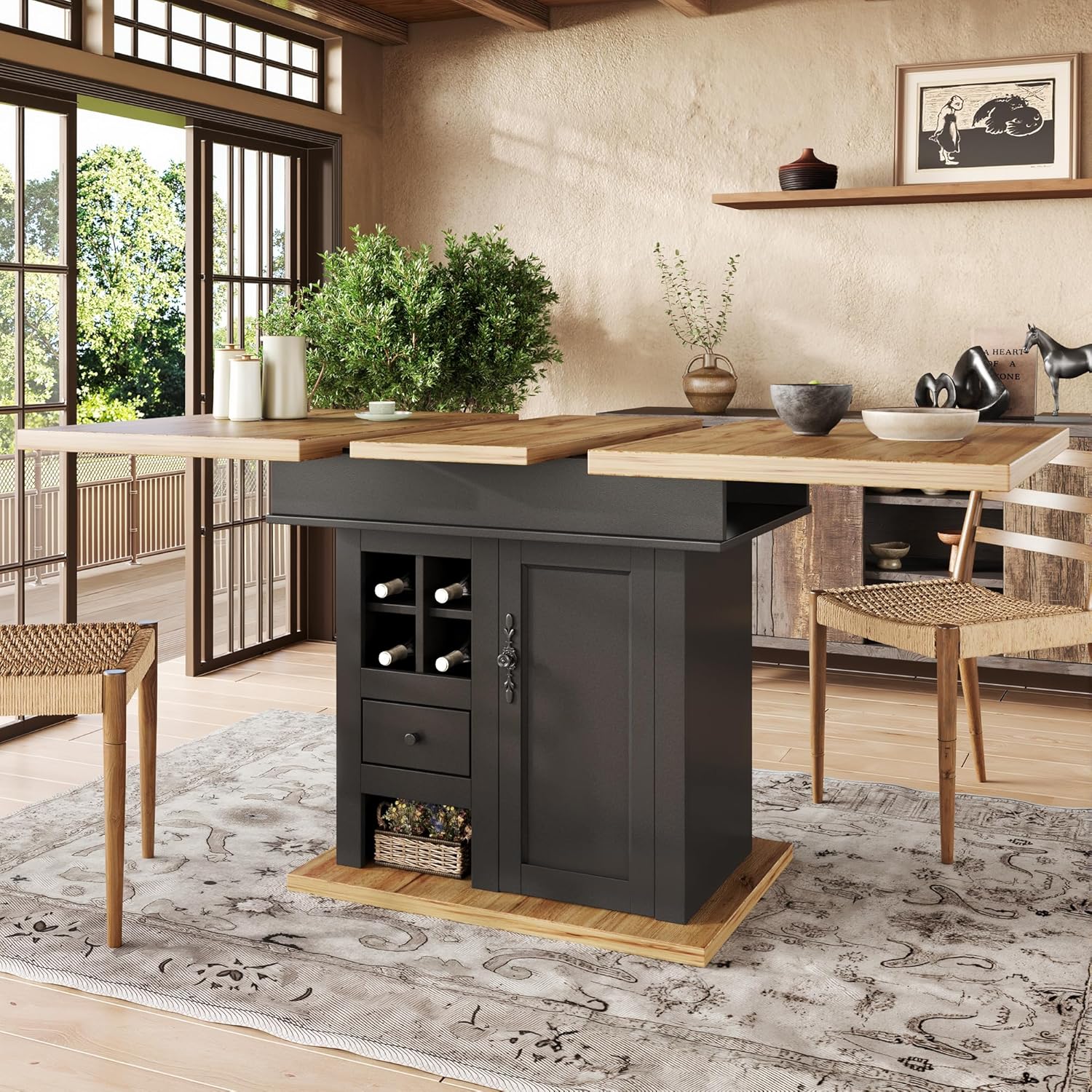 Esstisch Ausziehbar 110-140x80x75 cm mit Weinregal und Schubladen für 4-6 Personen, Esszimmertische mit Türen und Stauraum, Esszimmertisch Ausziehbar, Esszimmermöbel, Holzfarbe+Schwarz
