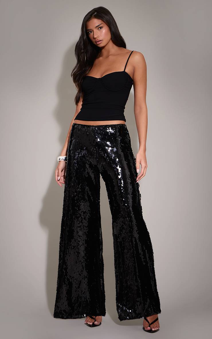 Noir Pantalon Ample À Jambes Larges Orné De Sequins