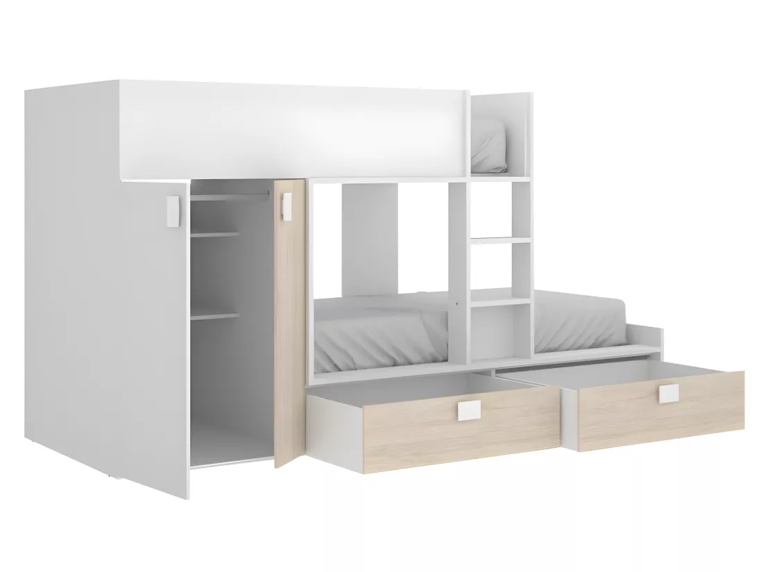 Lits Superposés 2 x 90 x 190 cm - Armoire intégrée - Blanc et naturel + matelas - JUANITO