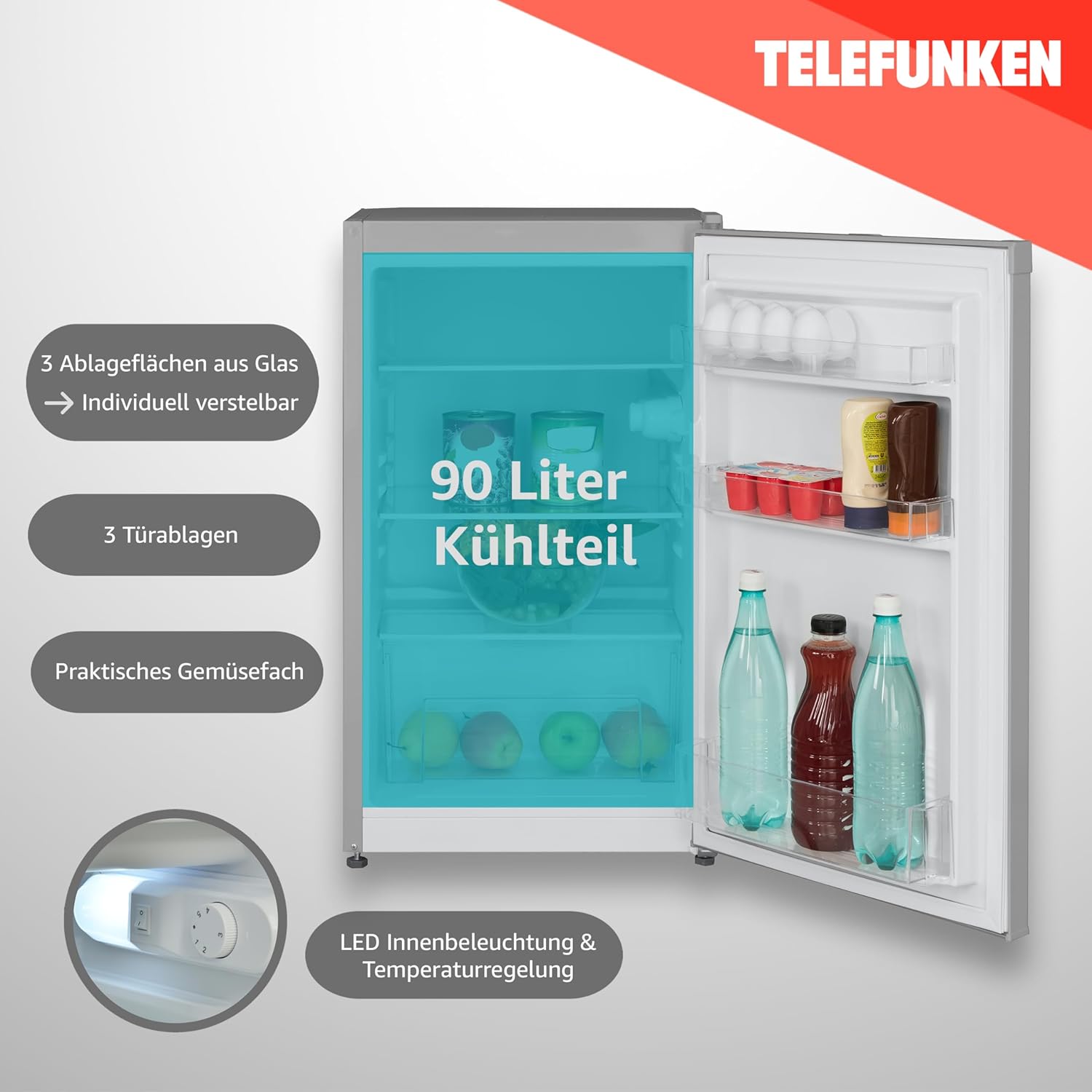 TELEFUNKEN Kühlschrank ohne Gefrierfach, Freistehend, 90 L Gesamt-Nutzinhalt, Kühlschrank klein mit Gemüsefach & 3 Ablagen, Temperaturregelung, LED Innenbeleuchtung, CF-31-121-S silber