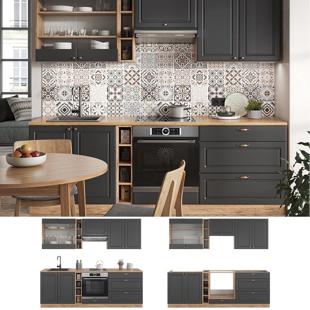 Vicco Küchenzeile Küchenblock Einbauküche Fame-Line Landhaus Eiche Anthrazit 235 cm Gold Küchen Schränke Hängeglasschrank Hängeschrank Schubladenunterschrank Spülenunterschrank Herdumbauschrank
