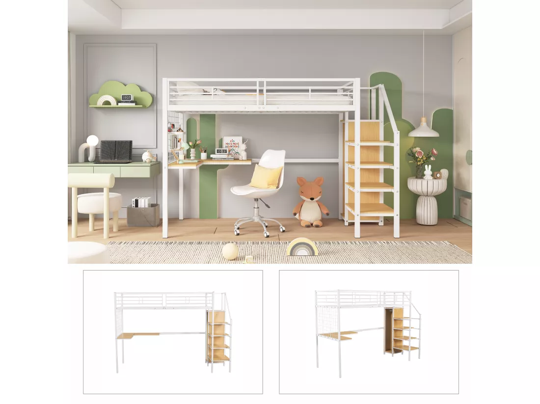 Lit mezzanine 90 x 200 cm avec bureau d'angle et armoire - fer + panneaux de particules - blanc + naturel