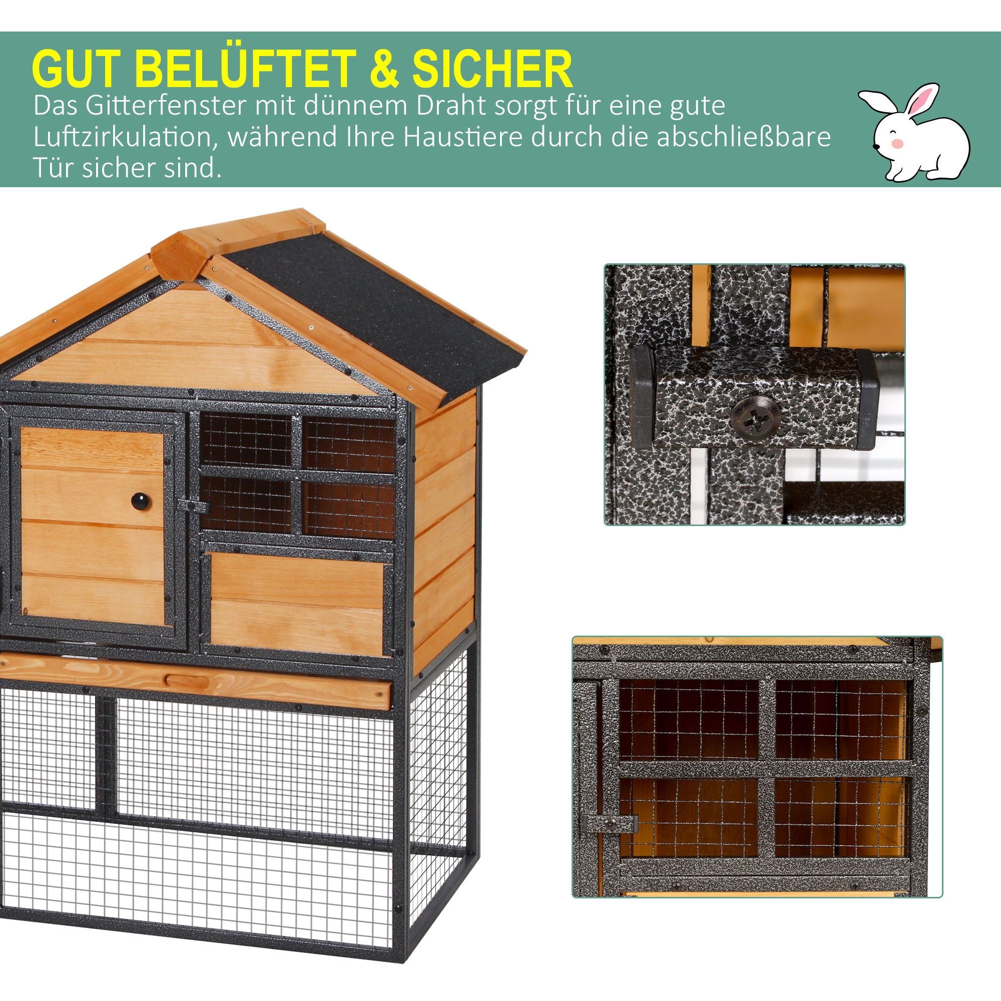 PawHut Kaninchenstall mit Auslauffläche Hellgelb, Schwarz 122 x 63 x 92 cm (BxTxH)
