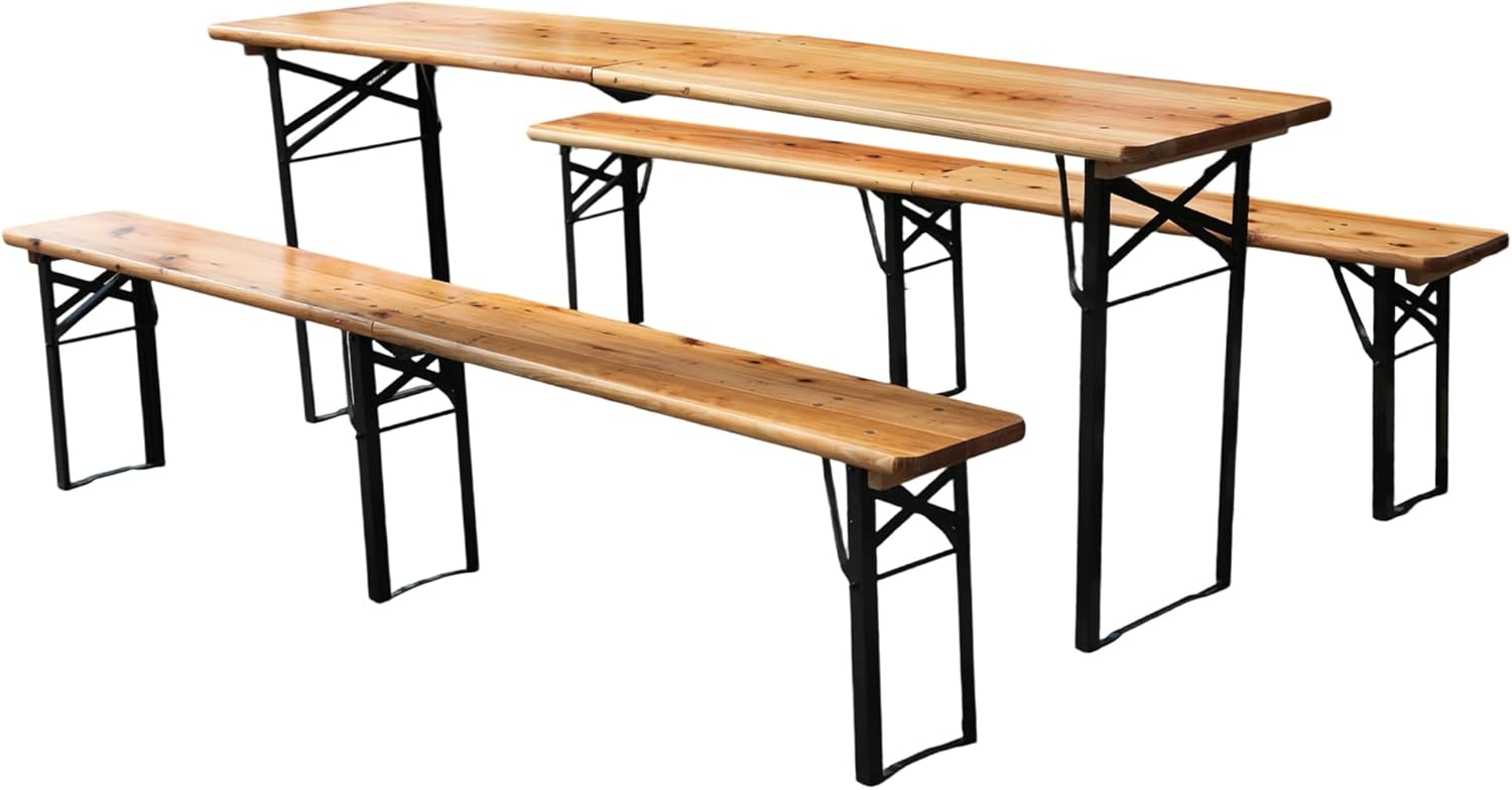 Faltbare Bierzeltgarnitur 220 cm, 3 teilig mit 1 Klapptisch & 2 Bierbänken, wetterfeste Massive Kiefer, verstärkter Metallrahmen, bis 200 kg belastbar, Festzeltgarnitur für Garten & Camping