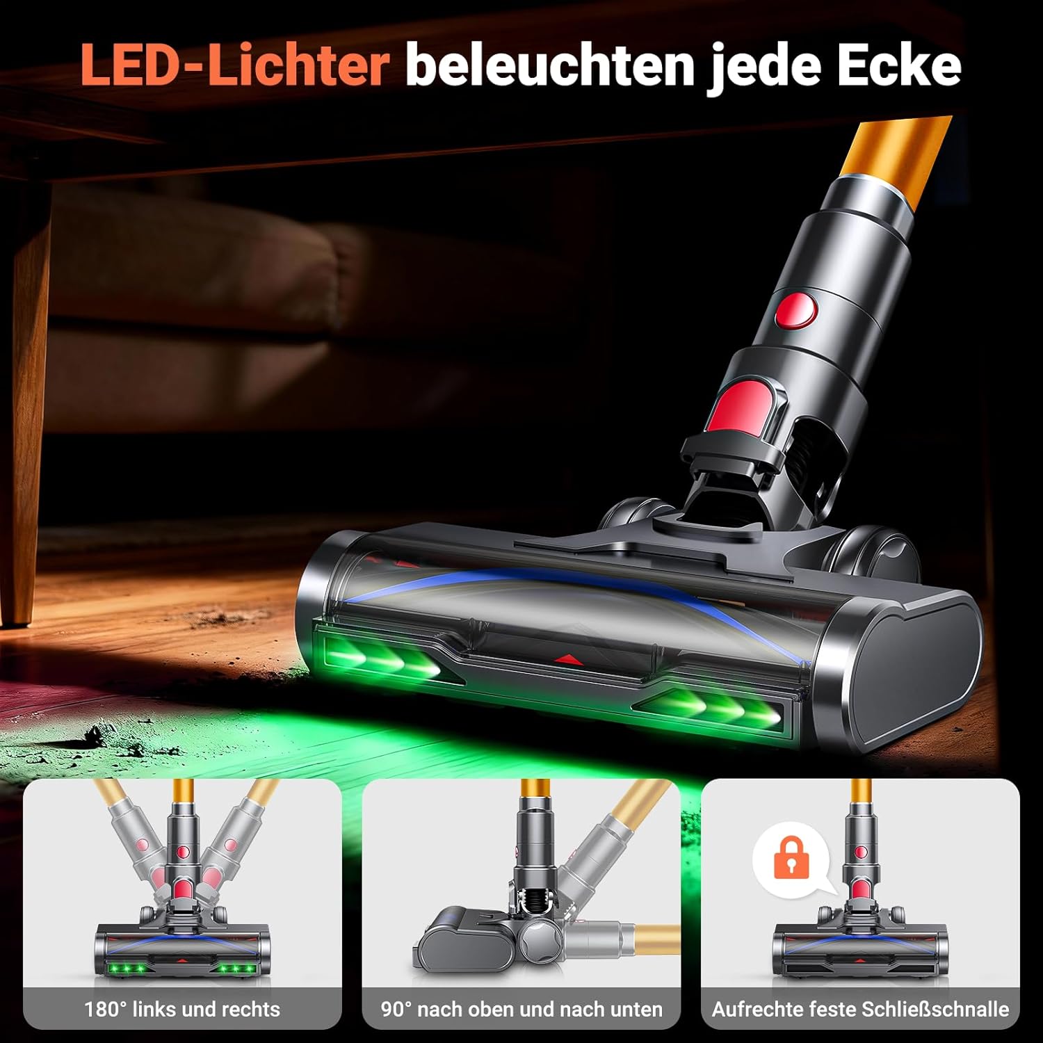 Akku Staubsauger Kabellos, 58KPa/550W/50Mins Akkustaubsauger mit LED-Display und Anti Tangle Bürste, 1,8L Kabelloser Staubsauger, Vacuum Cleaner für Tierhaare/Teppiche/Hartböden/Auto, Grau & Gold