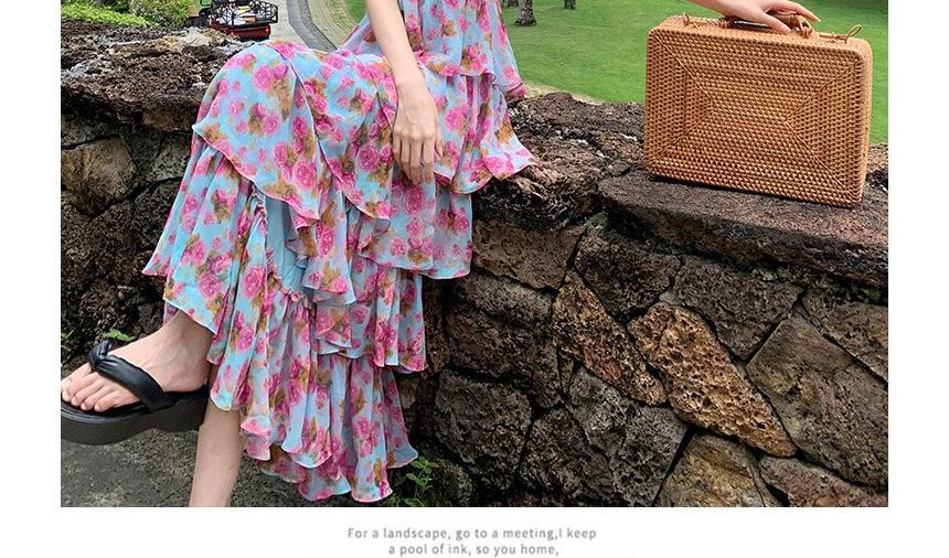 Egsy - Halterjurk met bloemenprint en open rug, maxi-A-lijn