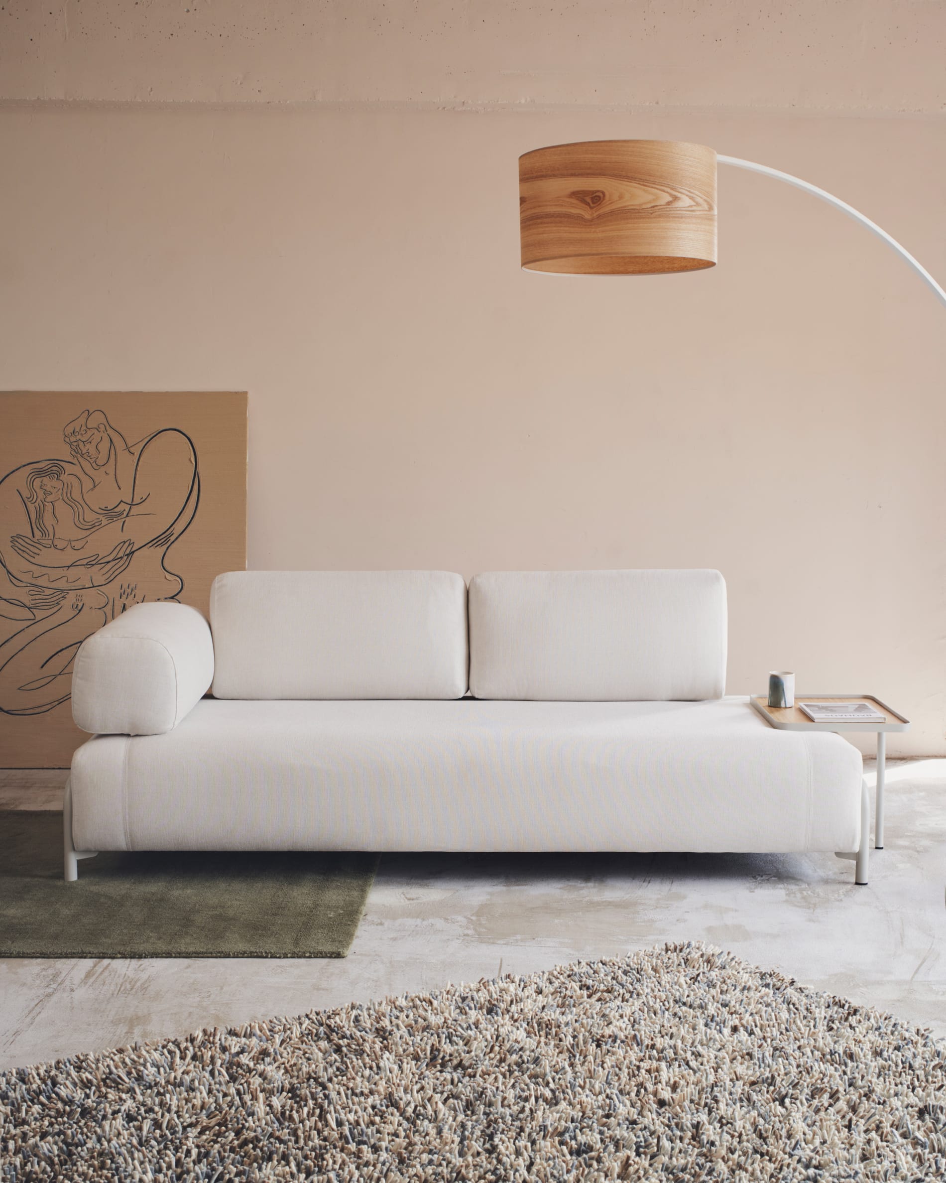 Kave Home - Compo-3-zitsbank van grijze chenille, groot eikenfineer