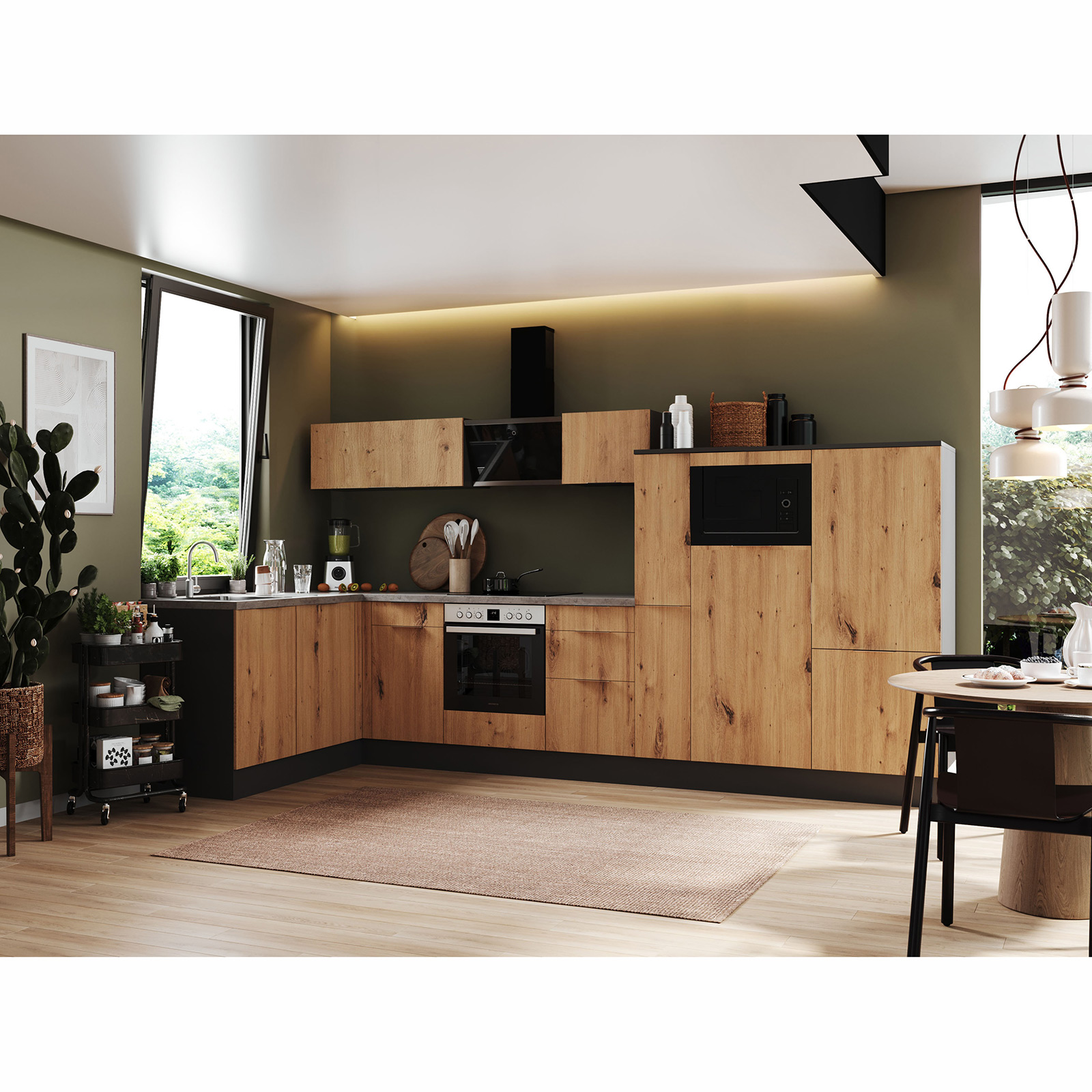 RESPEKTA Winkelküche - Artisan Eiche - grau matt - mit E-Geräten - 370x175 cm