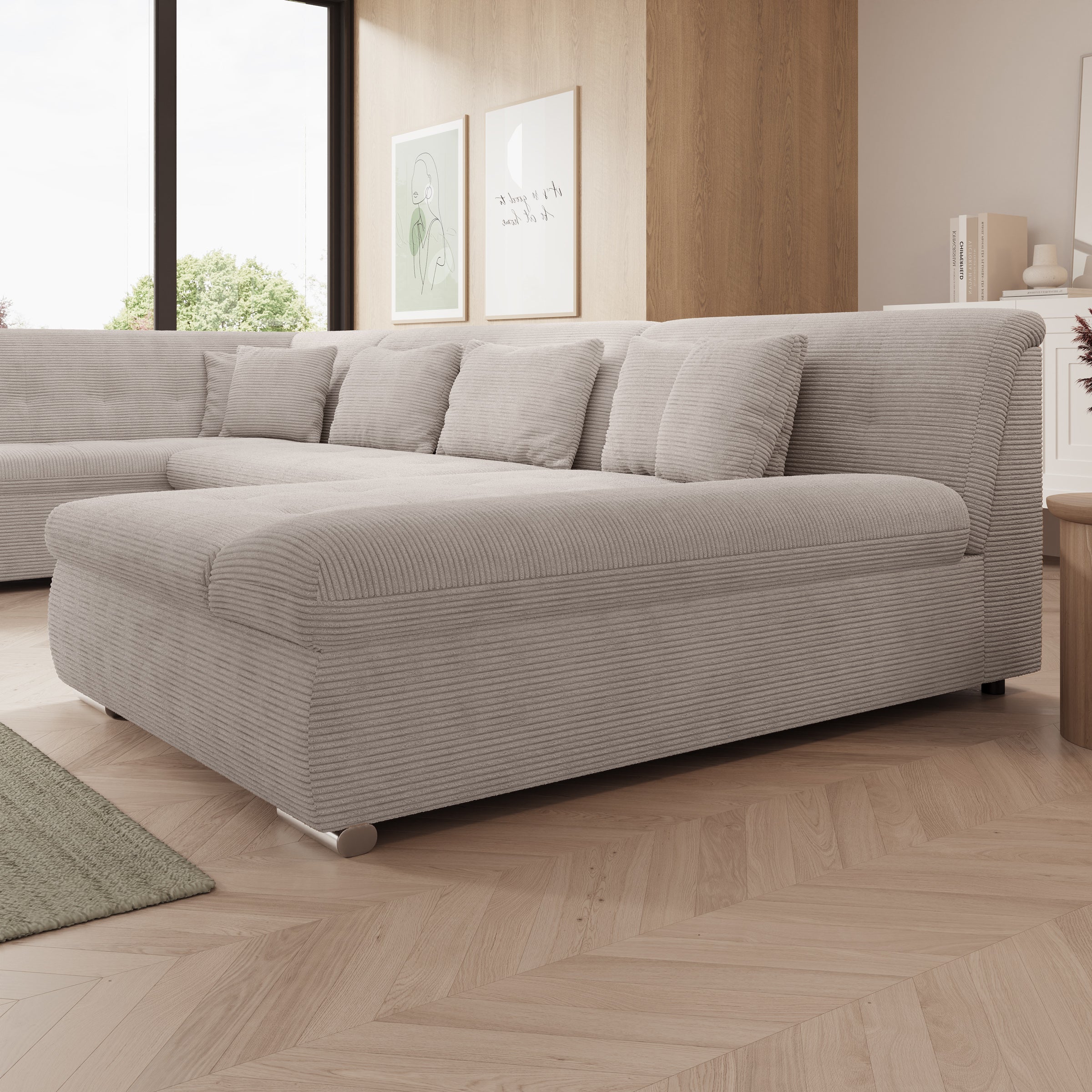 Alberta XL - Hoekbank 5-zits met slaapfunctie - Ribstof beige - Rechts - 346x207x80 cm