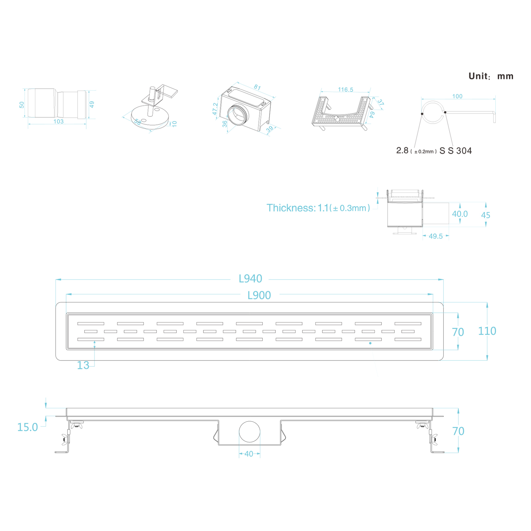 Differnz RVS douchegoot 90x7cm met flens zwart