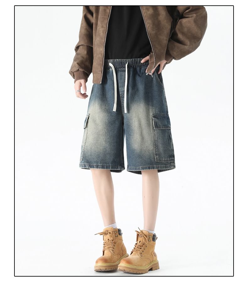 Lefitt - Mid Rise Washed Denim Cargo Shorts
