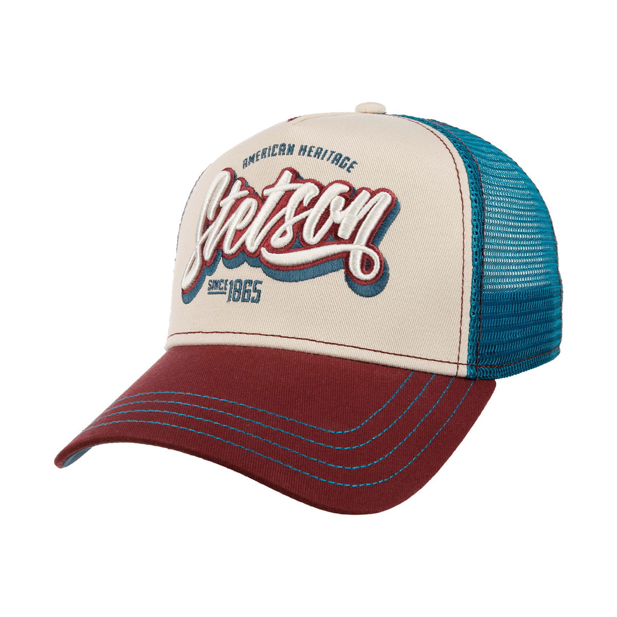 Stetson Trucker Cap Wordmark Logo, (Wine, Offwhite, Blue)