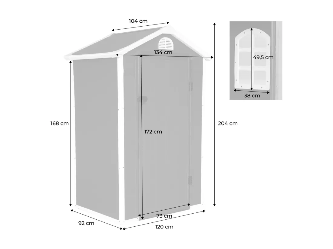 Abri de jardin plastique 1.39 m². anthracite. Structure aluminium et acier. 134 x 104 x 204cm